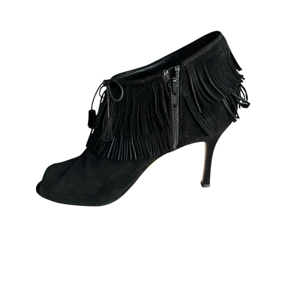 Manolo Blahnik Open Toe Heels Booties Black Suede Fringe - Picture 6 of 12